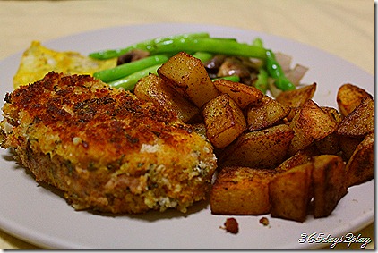 Crumbed Pork with spuds, long beans, mushroom and egg